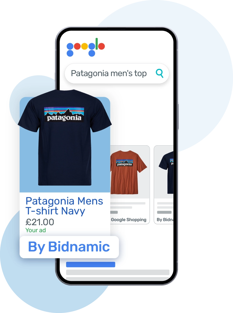 Mobile device shows  the Google Shopping carousel. The top ranked ad demonstrates Bidnamic CSS