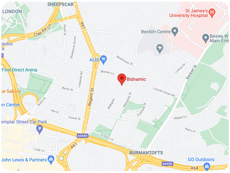 Image is a map pinpointing Bidnamic's location in Leeds, United Kingdom.