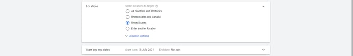Location and start and end dates