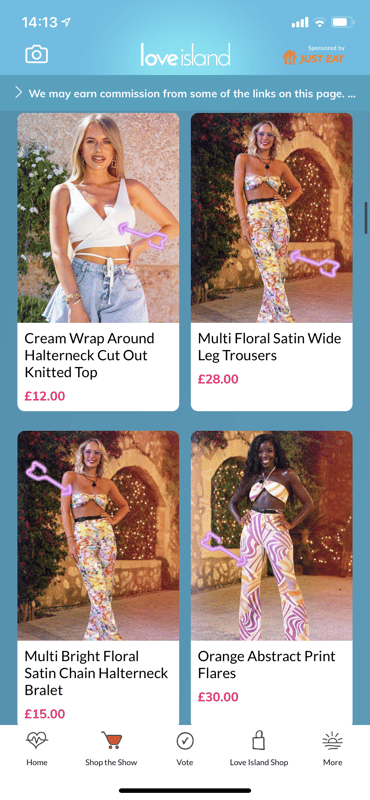 Screenshot of the Love Island app, showing various items worn by contestants from the show for sale