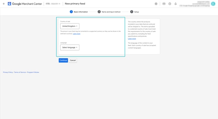 Select country and language in merchant center