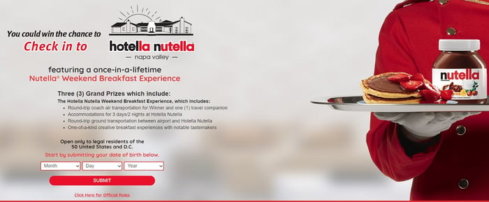 Nutella's 'hotella nutella' advert which includes a person in red chefs overalls holding pancakes with Nutella