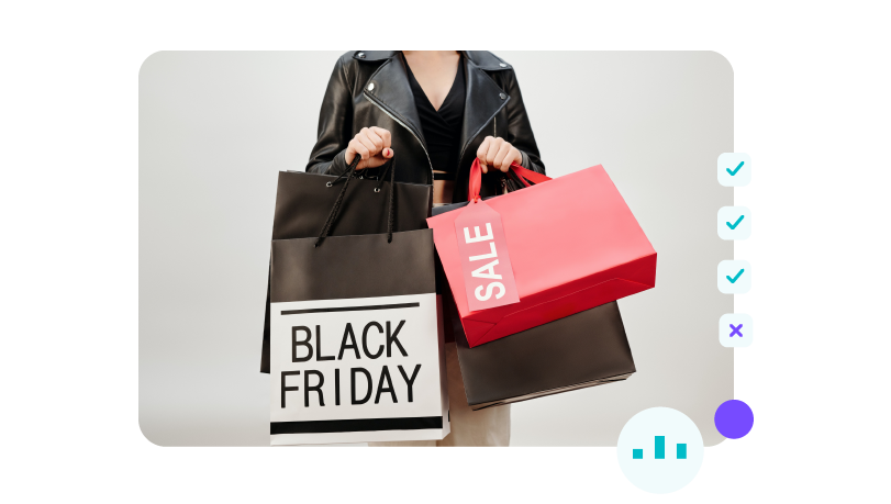 Woman with shopping bags during Black Friday sales. To the right, checkbox graphics depicting Black Friday checklist