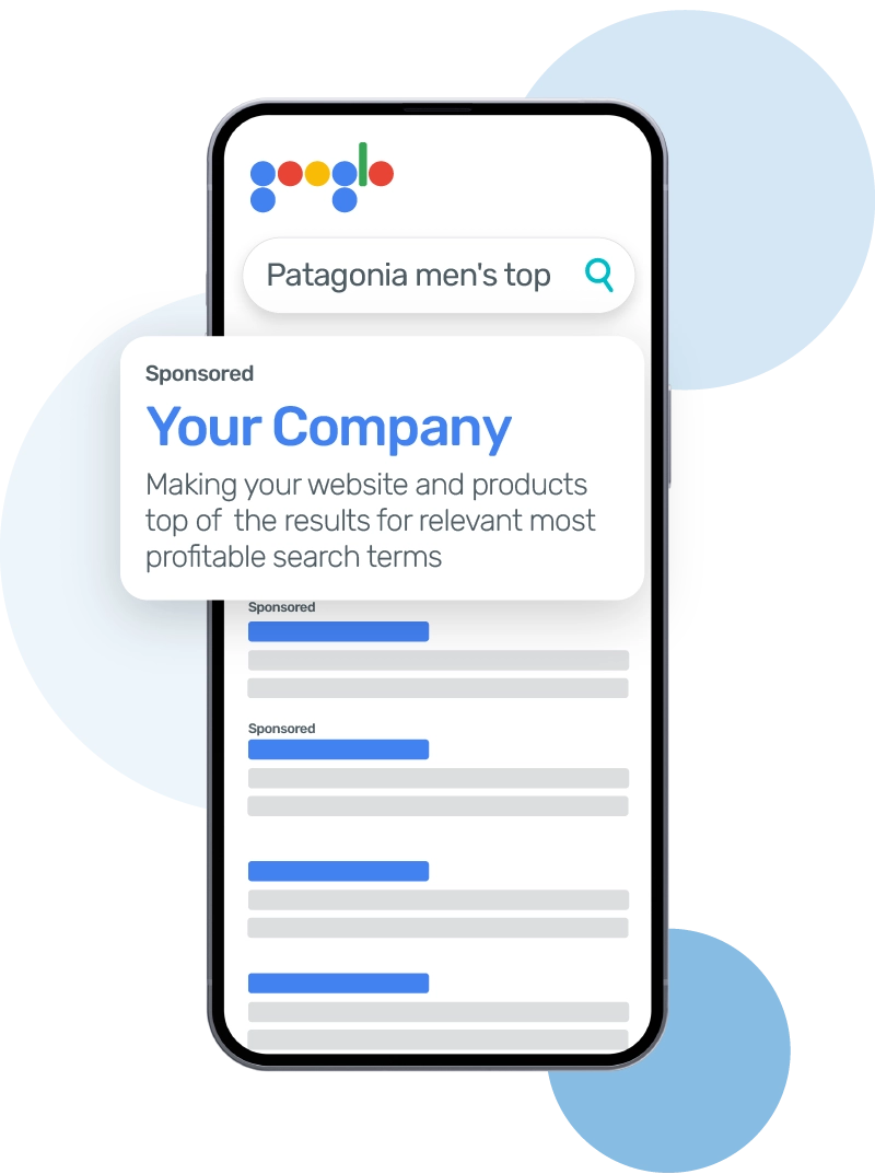 Mobile device shows example Google search with a paid search ad for 'Your Company' ranking first.