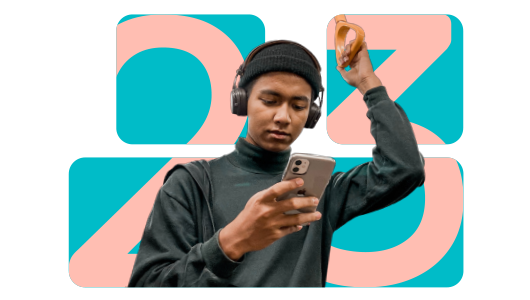 Young adult browsing on mobile on public transport in front of 23 graphic