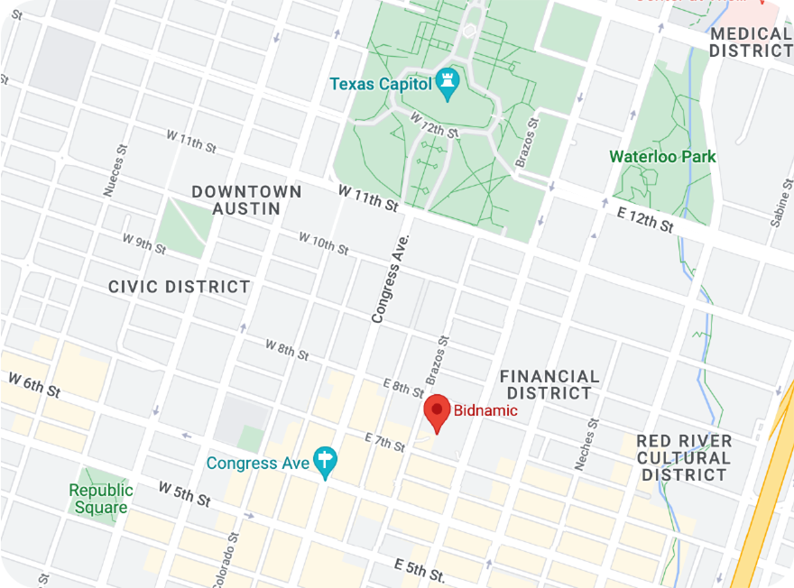 Image is a map pinpointing Bidnamic's location in Austin, Texas, USA.