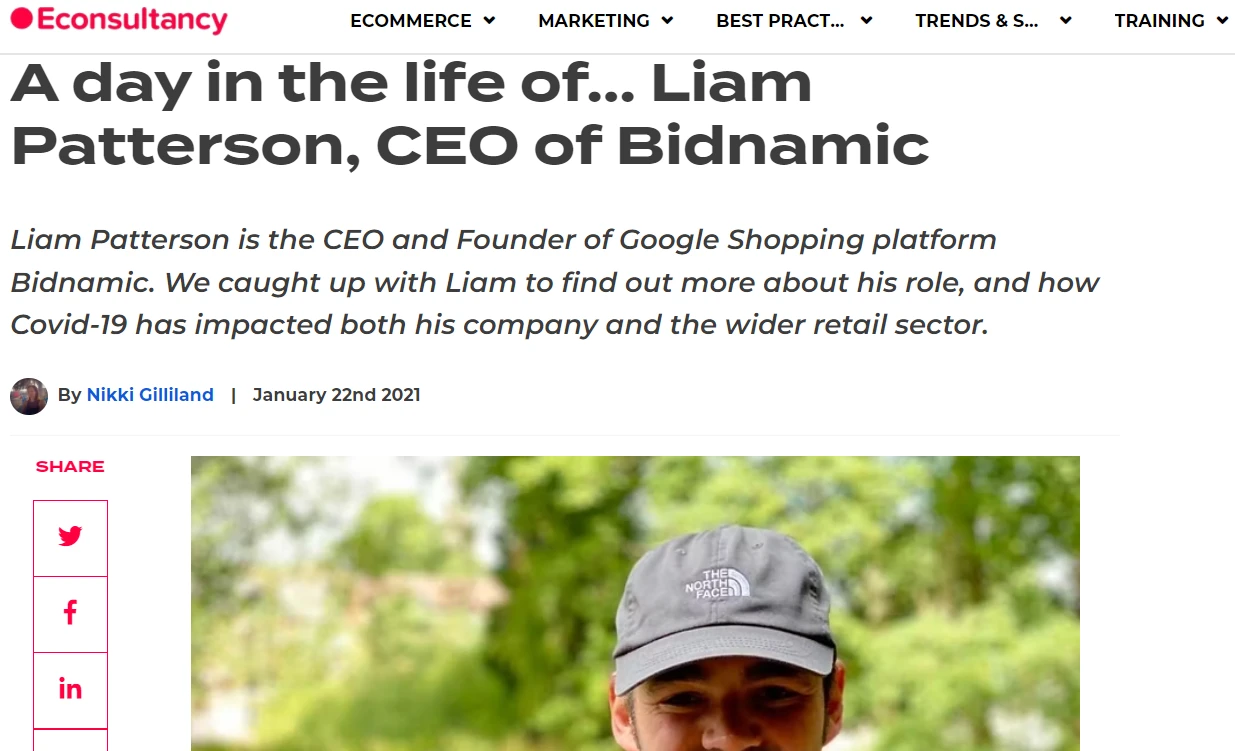 Screenshot of an article on Econsultancy featuring Liam Patterson